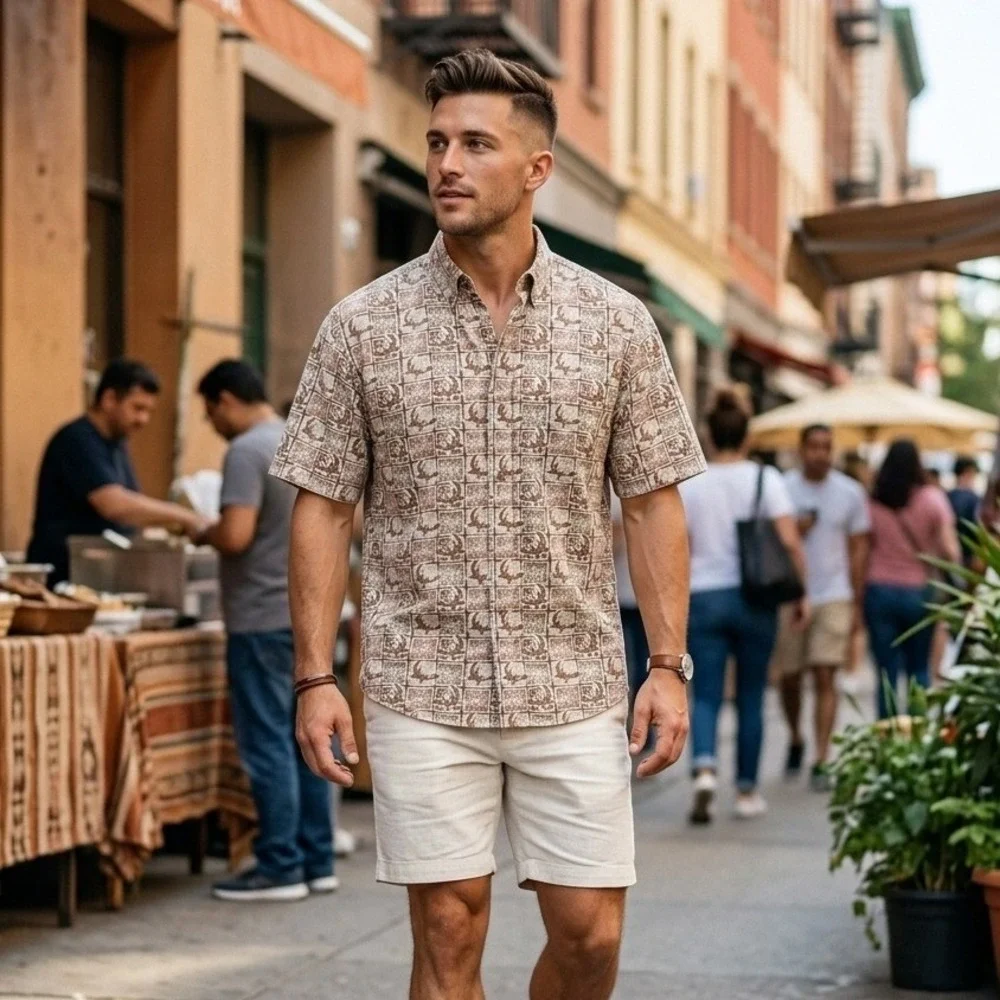 Woolrich Mens Kelp Gecko Blocks Cotton Button Down Shirt Brown Tan Medium